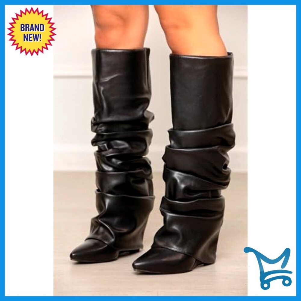 Knee High Wedge Heel Boots Wide Calf Pointed Toe Slip On Casual - Picture 7 of 7